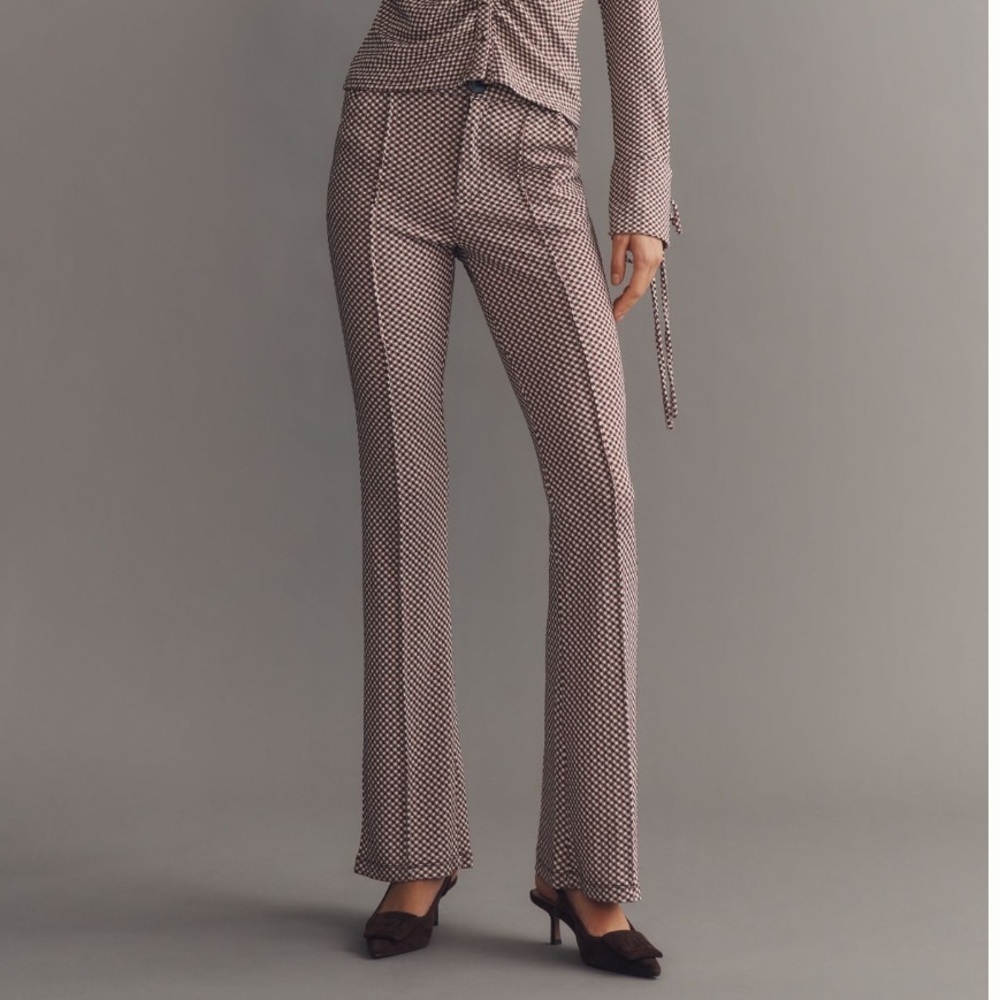 ANTHROPOLOGIE 4SI3NNA Tristan Knit Pants Flared High Rise Gingham Size L NEW